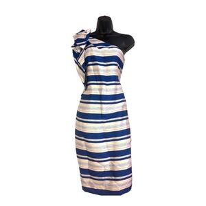 Banana republic ivory blue stripe one shoulder bow satin effect dress size 2 new
